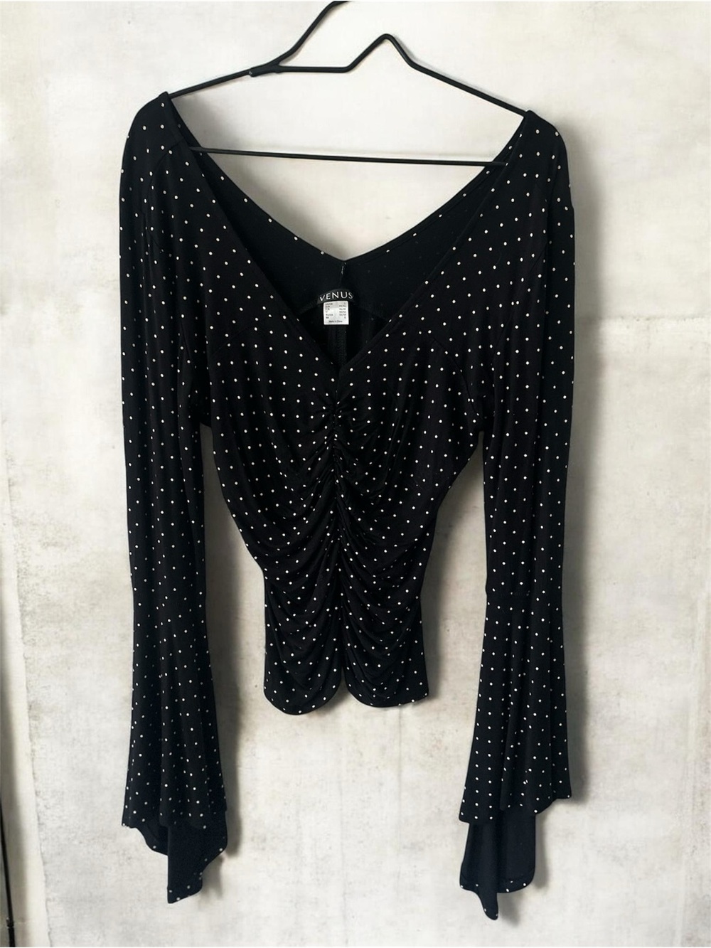 Vintage 90’s Romantic Long-Sleeve Ruched Polka Dot Bell Sleeve Flare Top Large